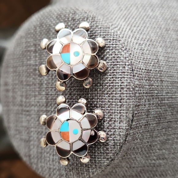 Native American Zuni Vintage Sunface Inlaid Necklace & Earrings Set 💙☀️🖤 - Picture 5 of 16